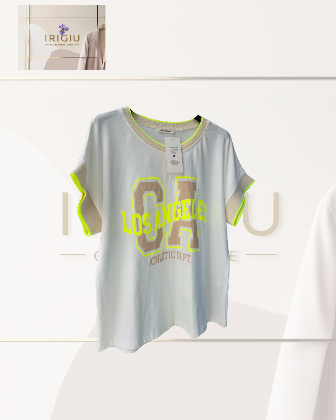 🏙️ T-shirt Oversize "LOS ANGELES" Bianco/Neon - IRIGIU Clothing Line