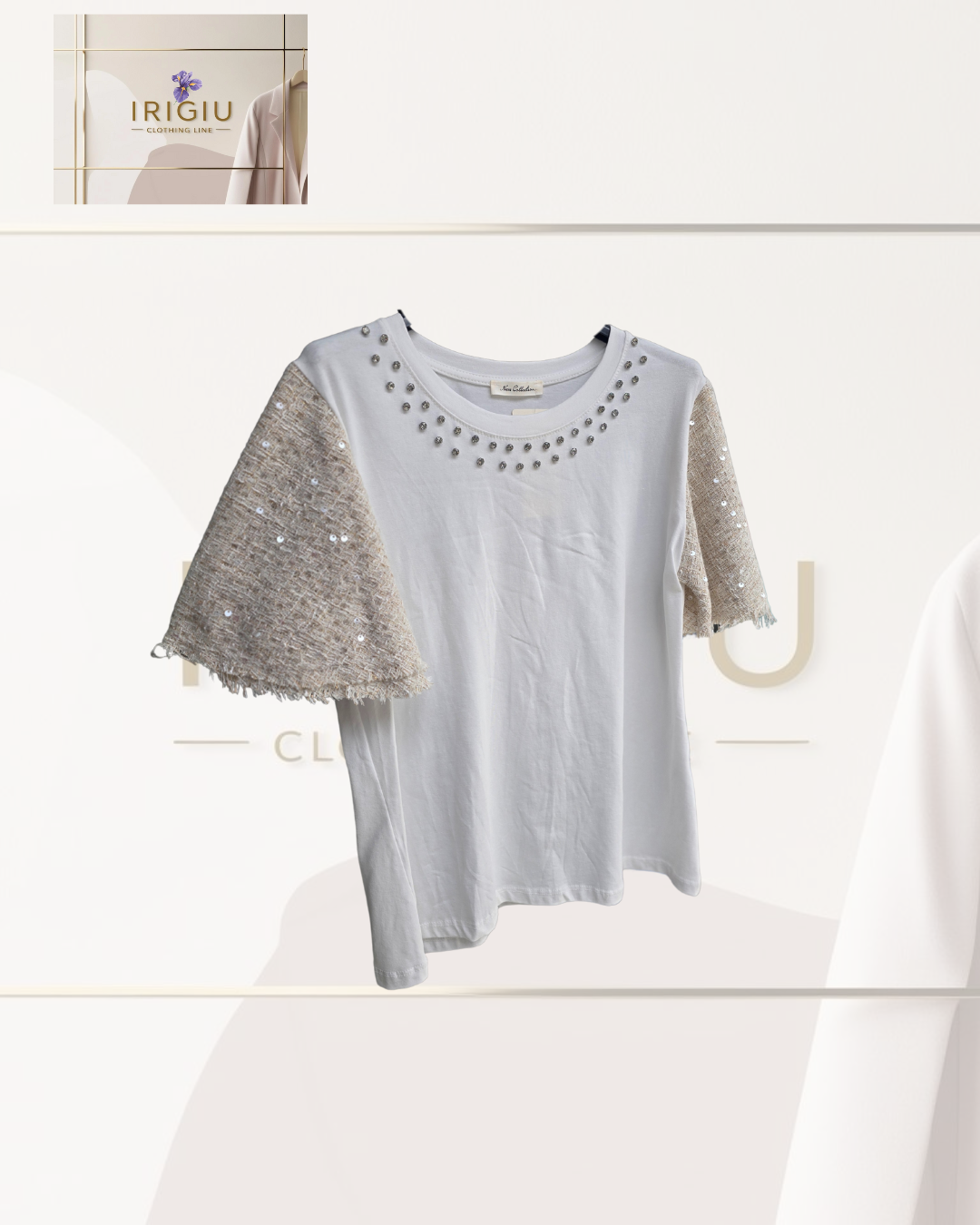 ✨ T-shirt Bianca con Maniche Svasate in Tessuto Lurex e Borchie Decorative - IRIGIU Clothing Line