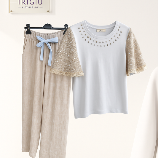 Completo Chic T-shirt con Maniche in Tweed + Pantalone Beige – IRIGIU Clothing Line